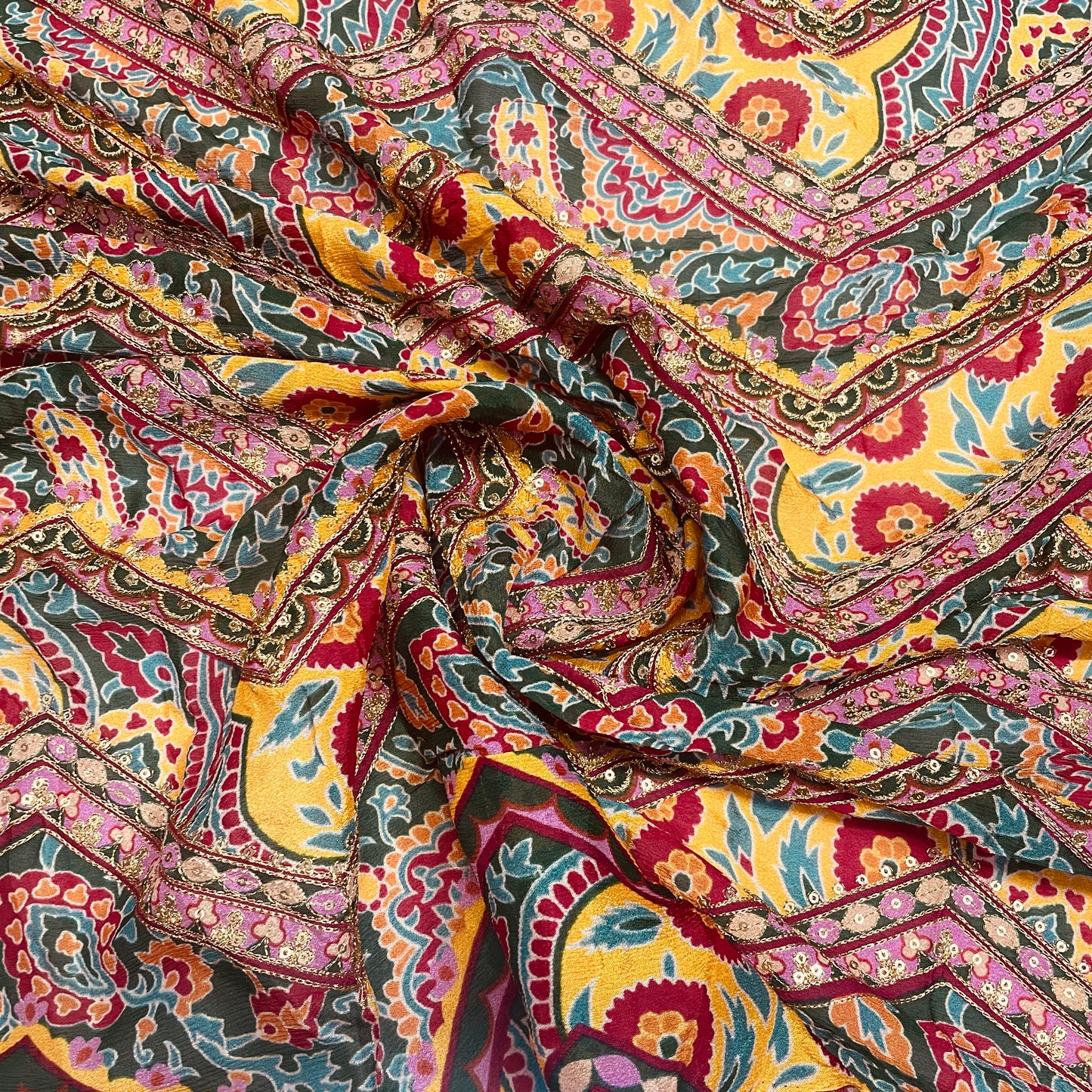 Pink & Multicolor Traditional Sequence Embroidery Chinnon Fabric - TradeUNO