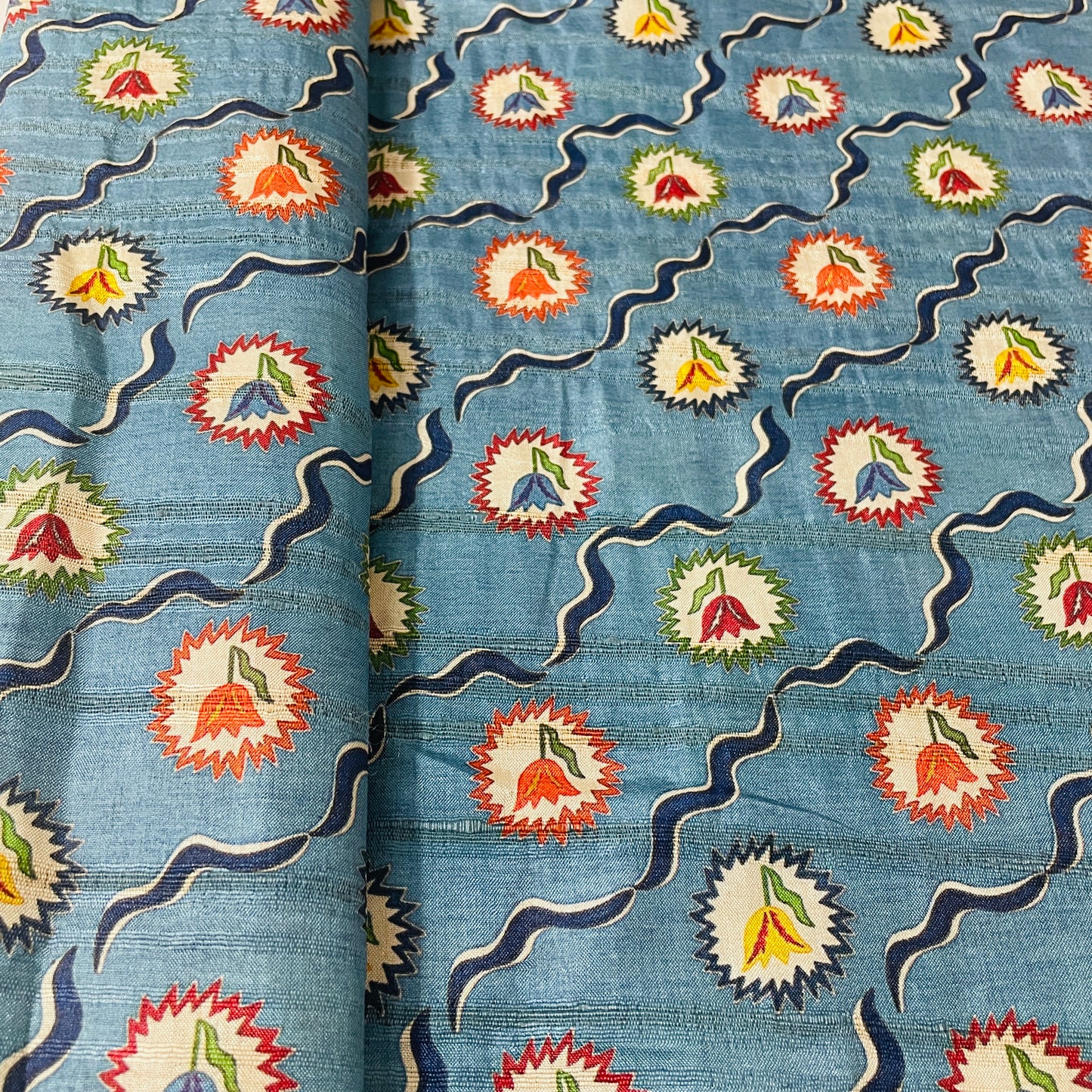 Blue Multicolor Floral Print Tusser Silk Fabric - TradeUNO