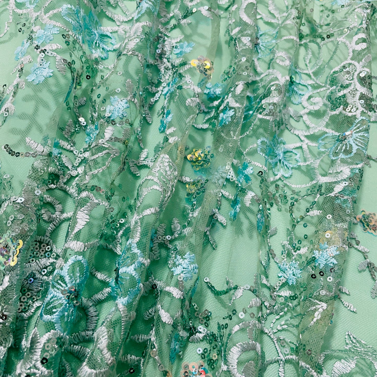 Green With Sea Green Floral Sequence Embroidery Net Fabric - TradeUNO