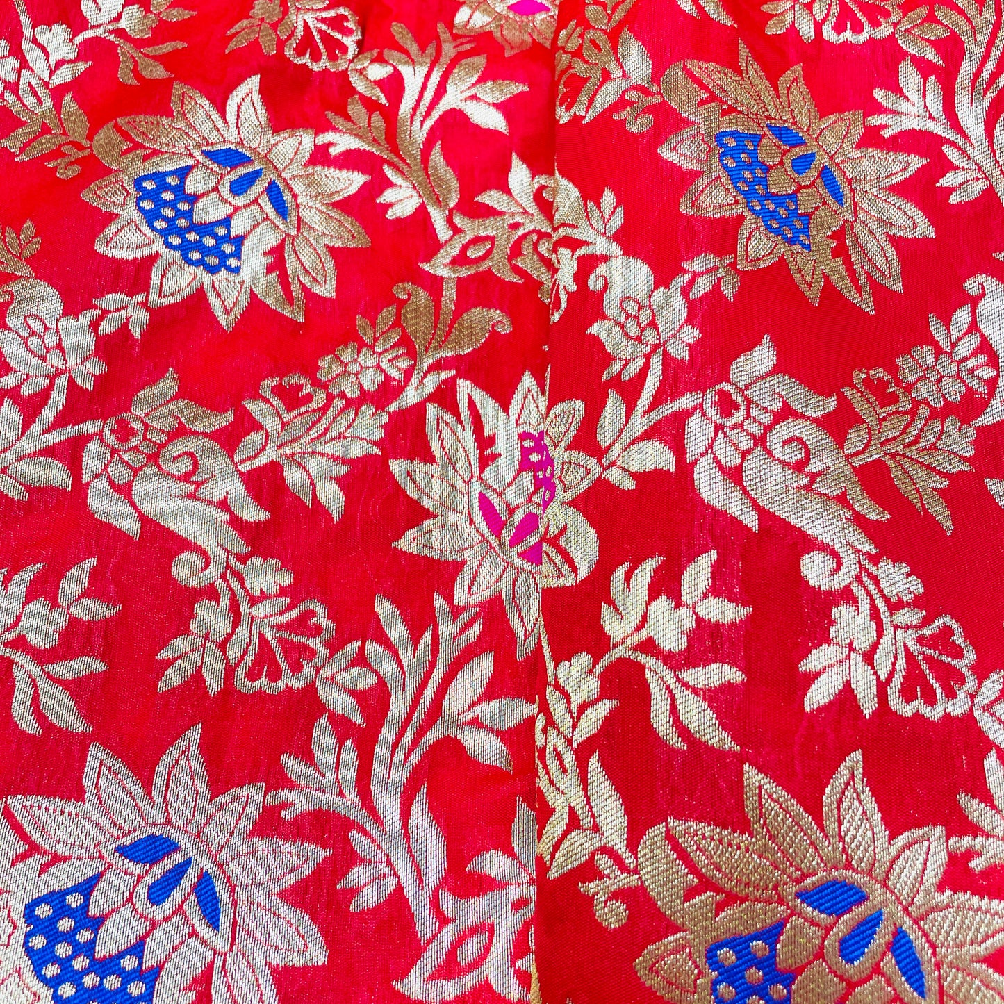 Red & Multicolor Floral With Gold Foil Brocade Fabric