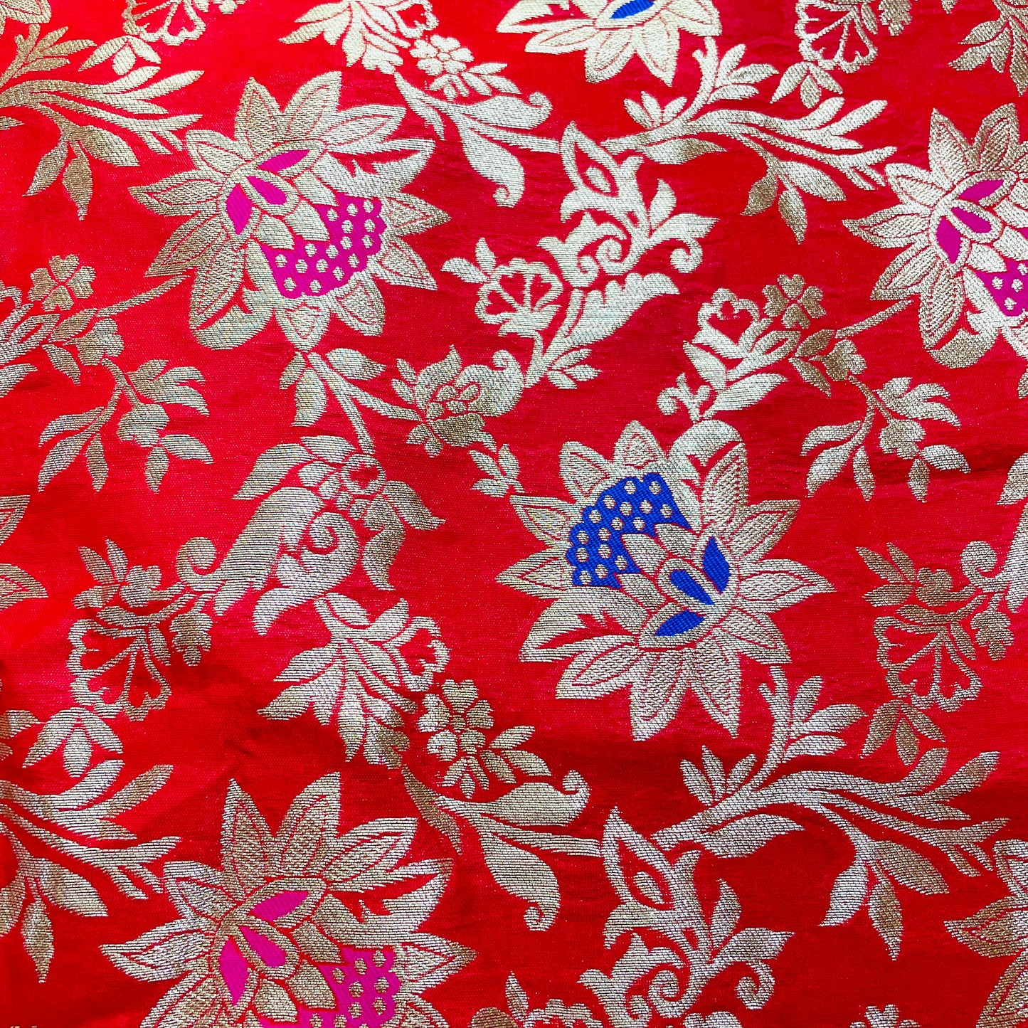Red & Multicolor Floral With Gold Foil Brocade Fabric