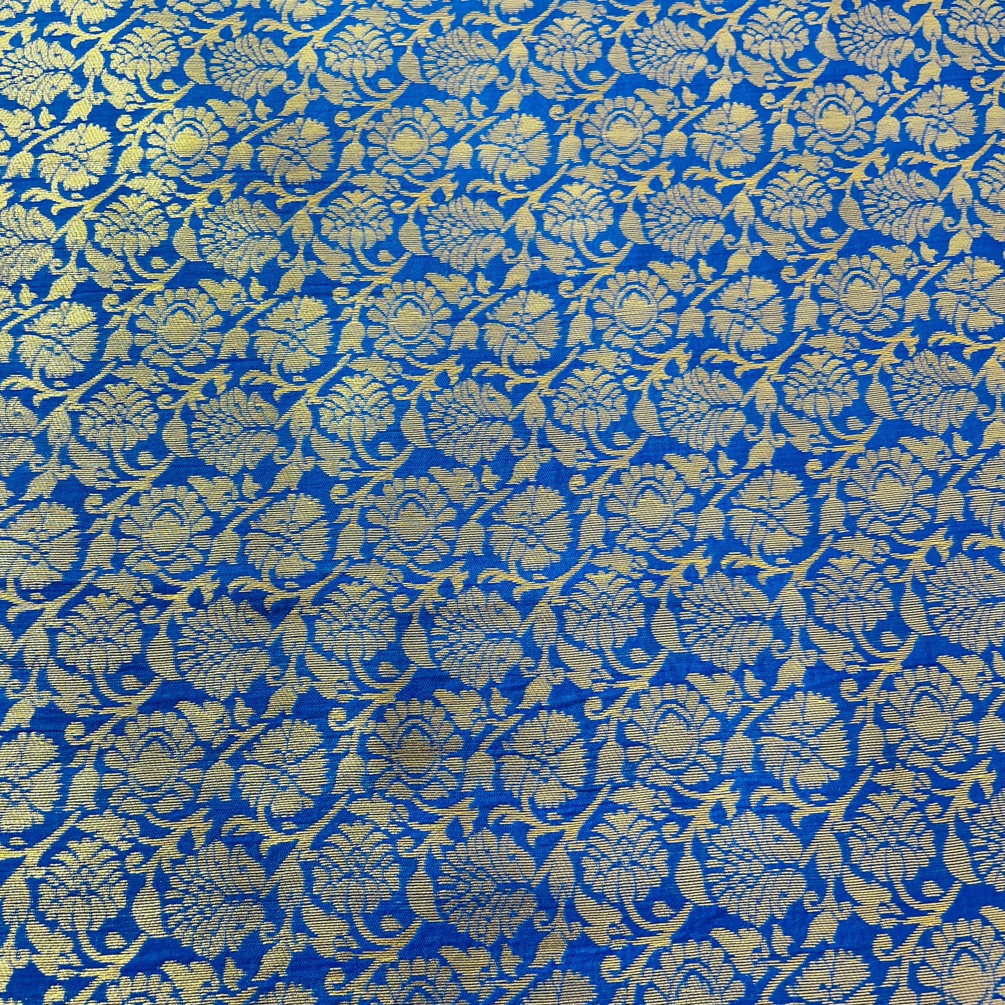 Blue Floral With Gold Foil Brocade Fabric - TradeUNO