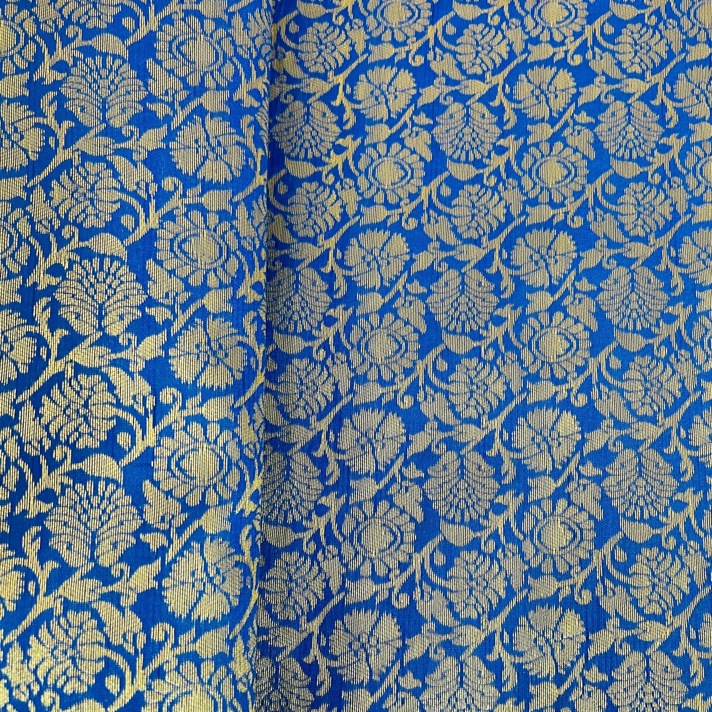 Blue Floral With Gold Foil Brocade Fabric - TradeUNO