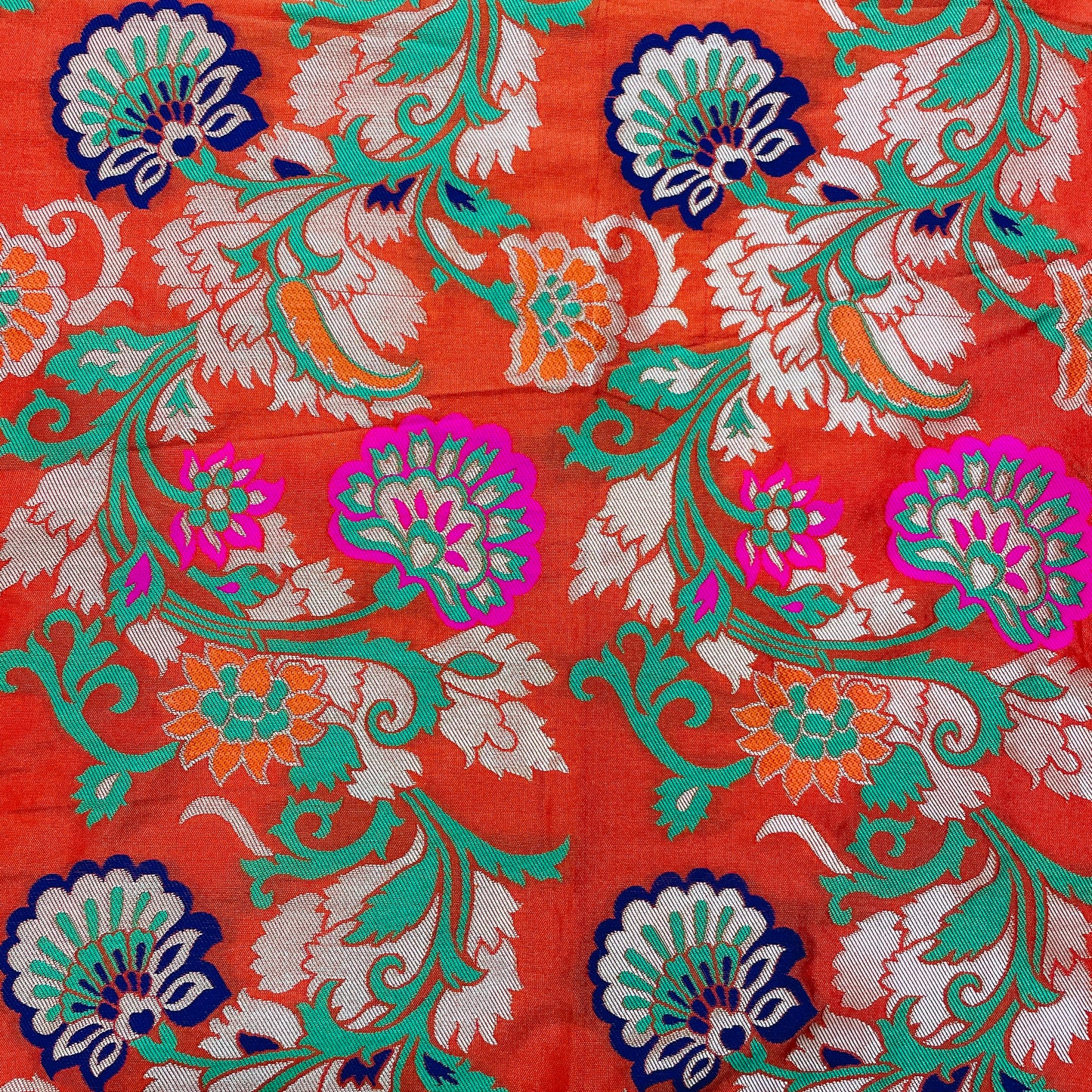 Orange & Multicolor Floral With Gold Foil Brocade Fabric - TradeUNO