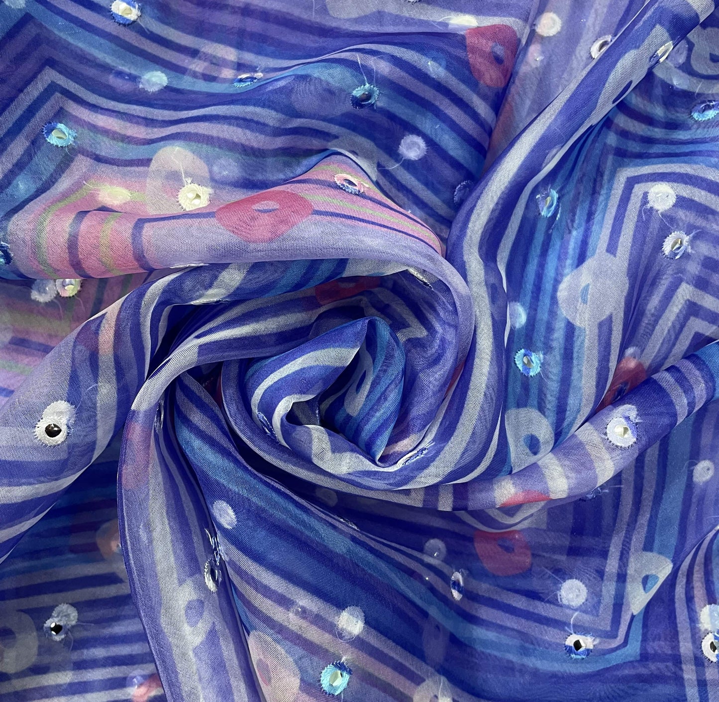 Blue With Multicolor Bandhani Embroidery Organza Fabric