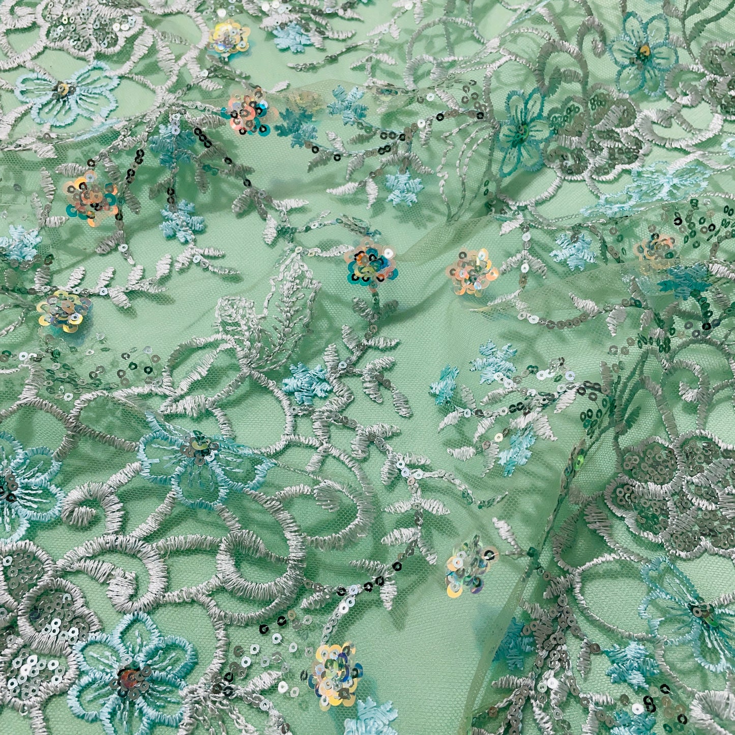 Green With Sea Green Floral Sequence Embroidery Net Fabric - TradeUNO