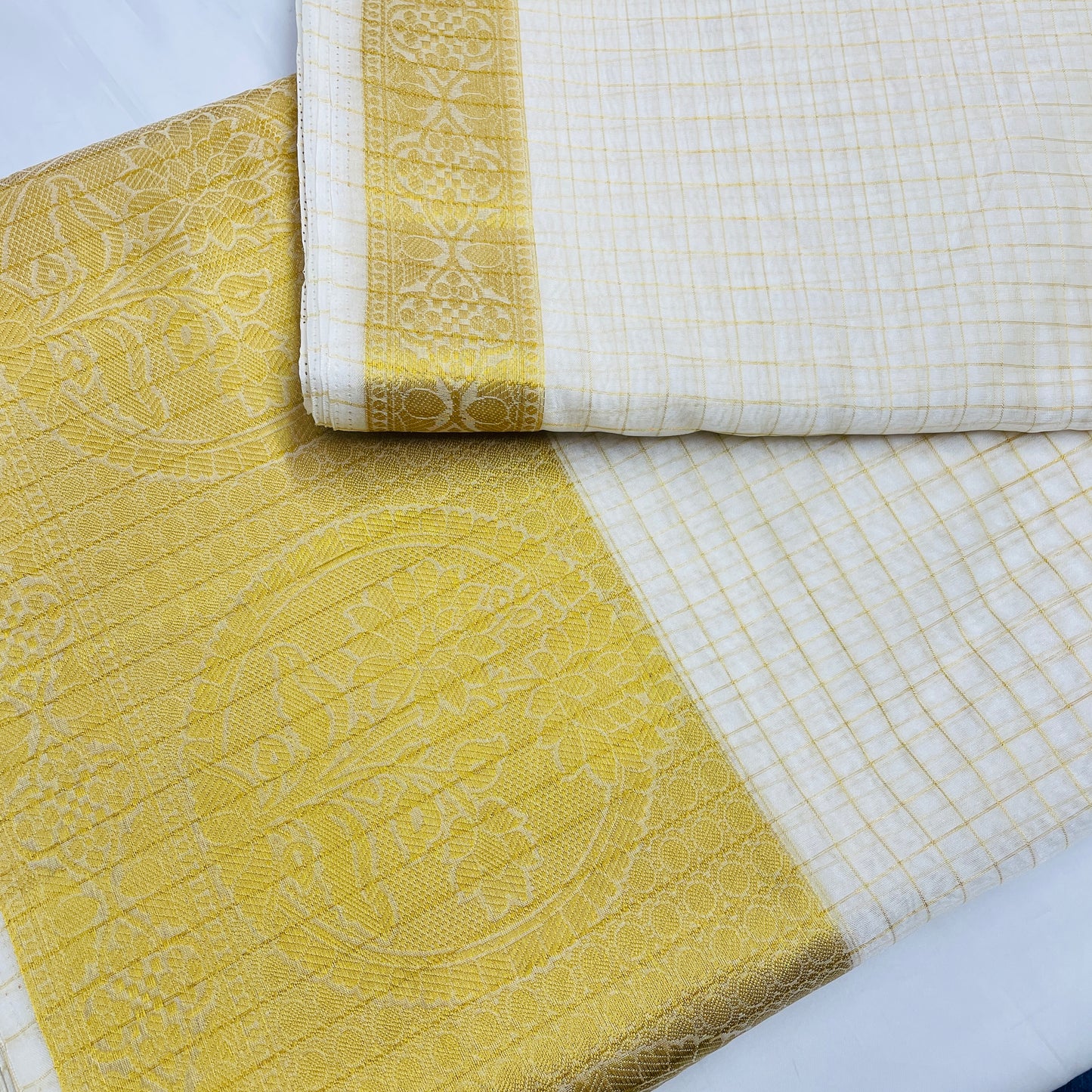 White With Gold Foil Check Border Print Organza Chanderi Jacquard