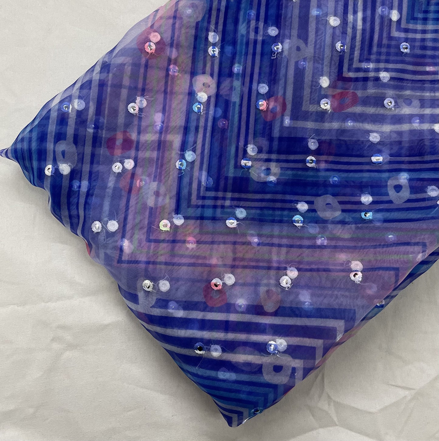 Buy Blue With Multicolor Bandhani Embroidery Organza Fabric
