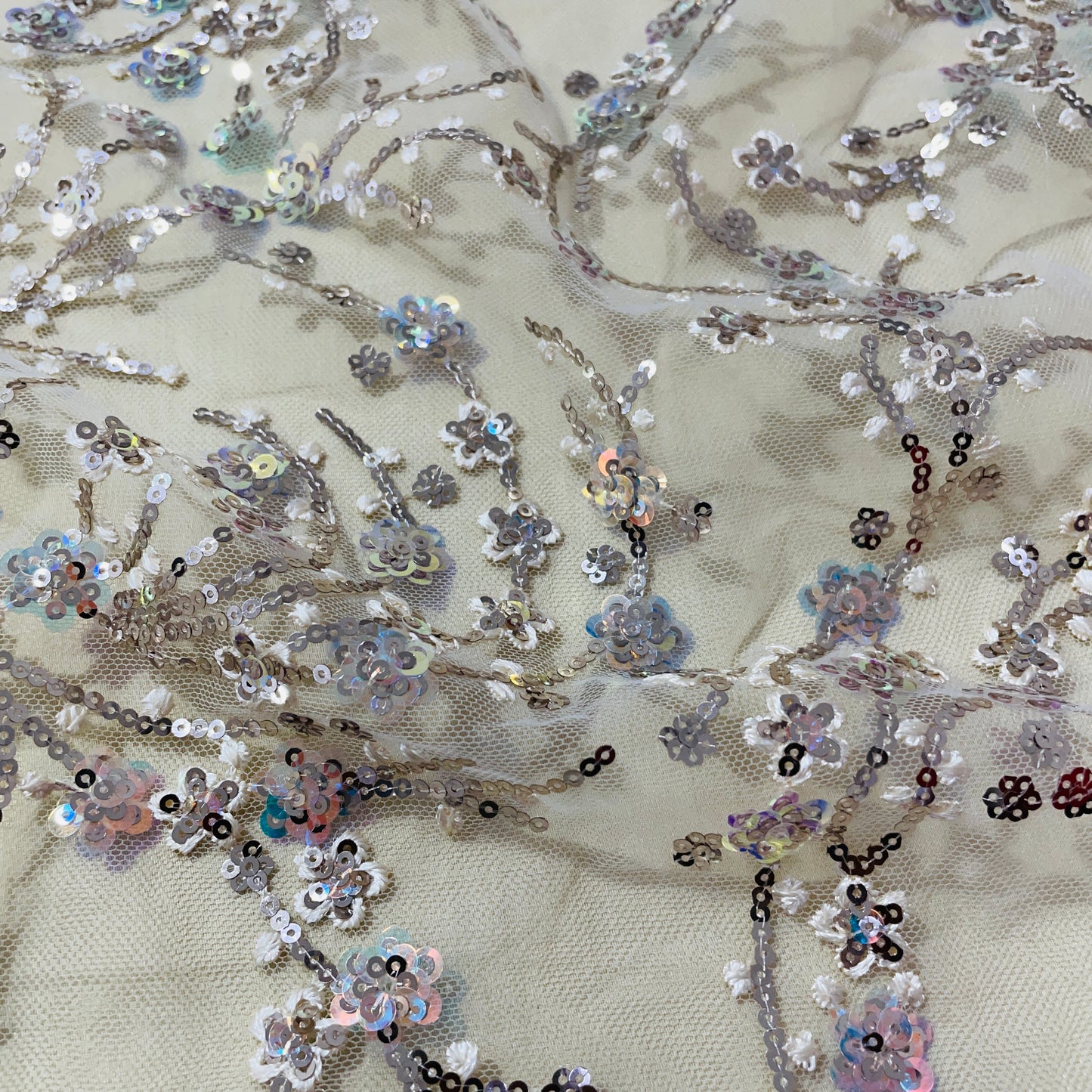 Beige Floral Sequence Embroidery Net Fabric - TradeUNO