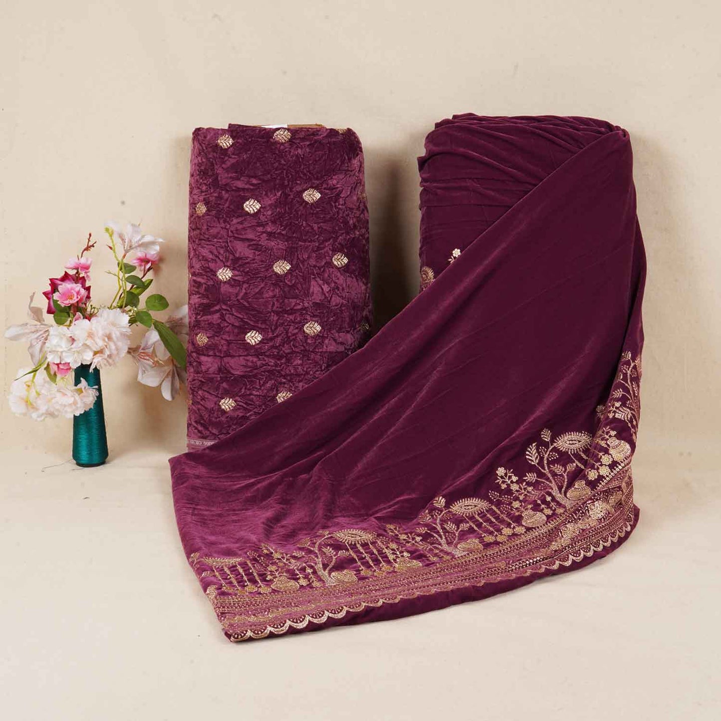 Pink Floral Cutdana Crushed Velvet Fabric SC-28259