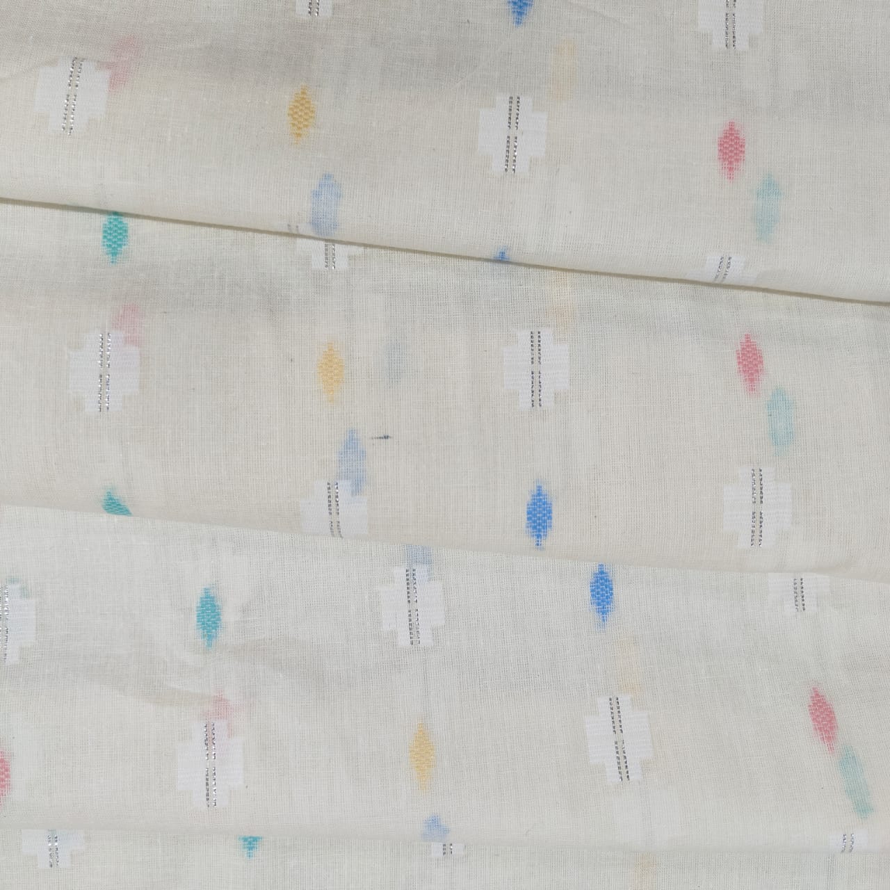 Off White & Multicolor Geometrical With Lurex Cotton Fabric 12034