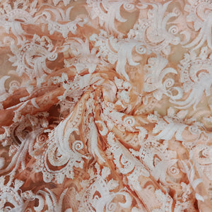 Peach Pink 3D Floral Thread Embroidery Net Fabric - TradeUNO