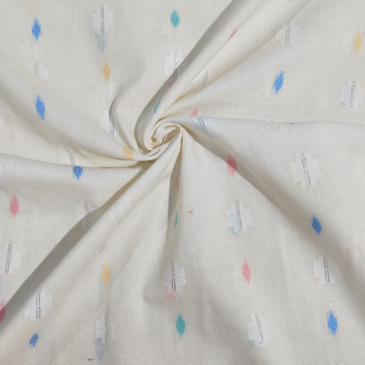 Off White & Multicolor Geometrical With Lurex Cotton Fabric 12034