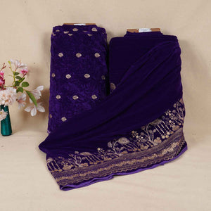 Royal Blue Border Work Cutdana Velvet 9000 Fabric SC-28250 - TradeUNO