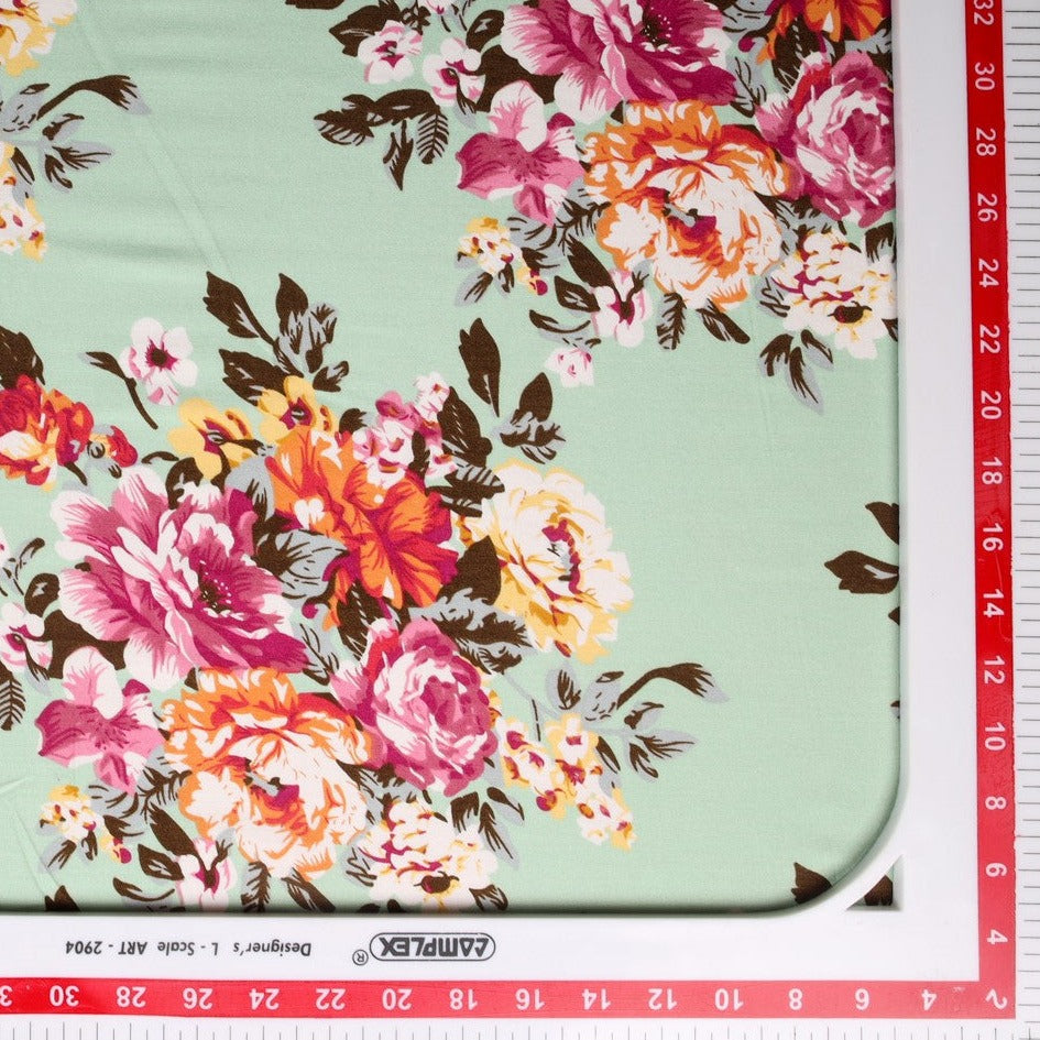 Mint Green Floral Print Rayon Fabric Trade UNO