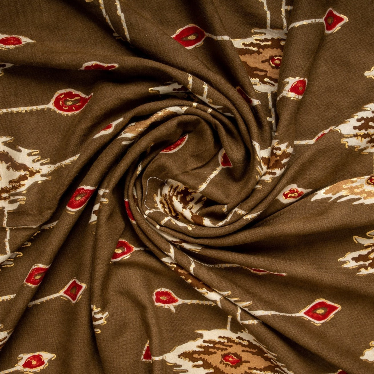 Olive Green Traditional Print with Foil Cotton Fabric Trade UNO