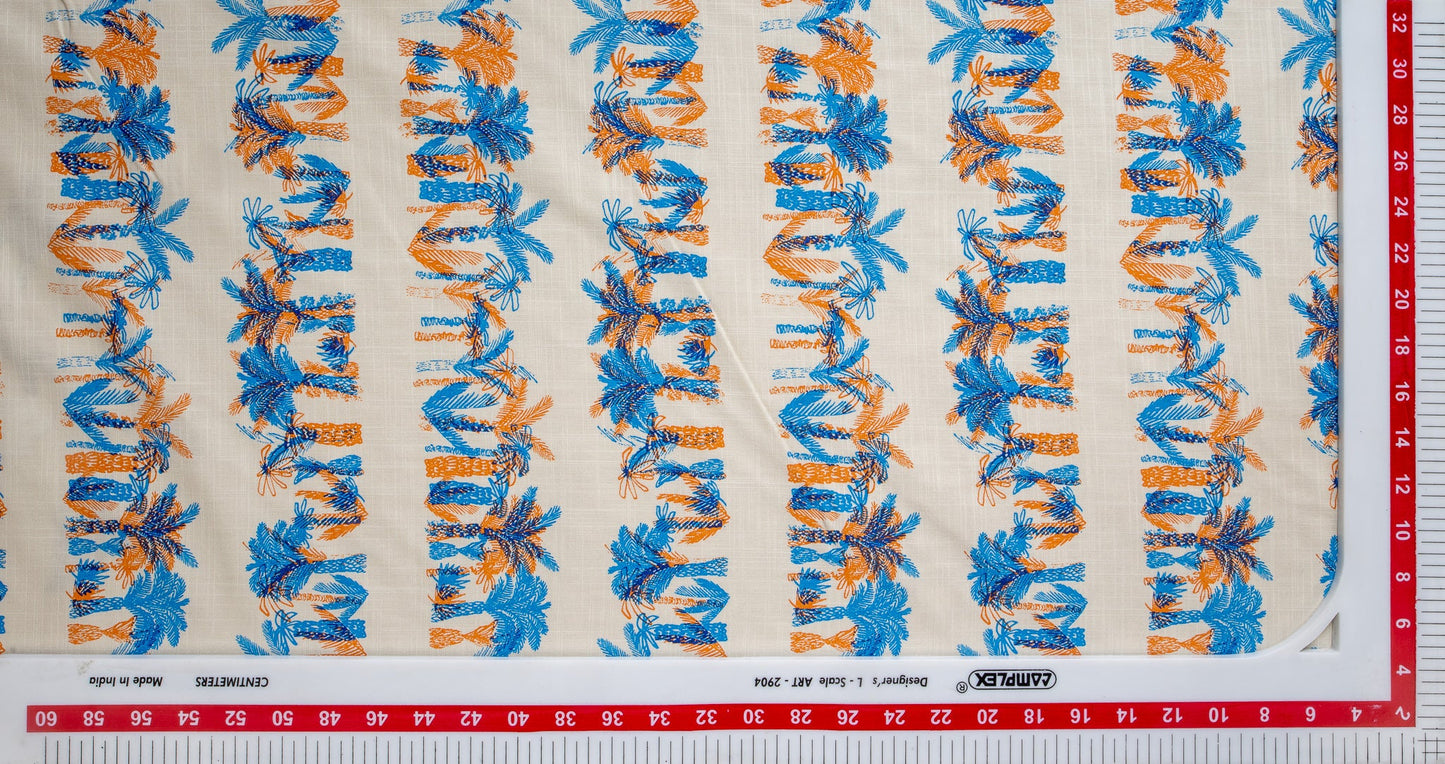 White Orange Blue Quirky Kids Print Cotton Fabric