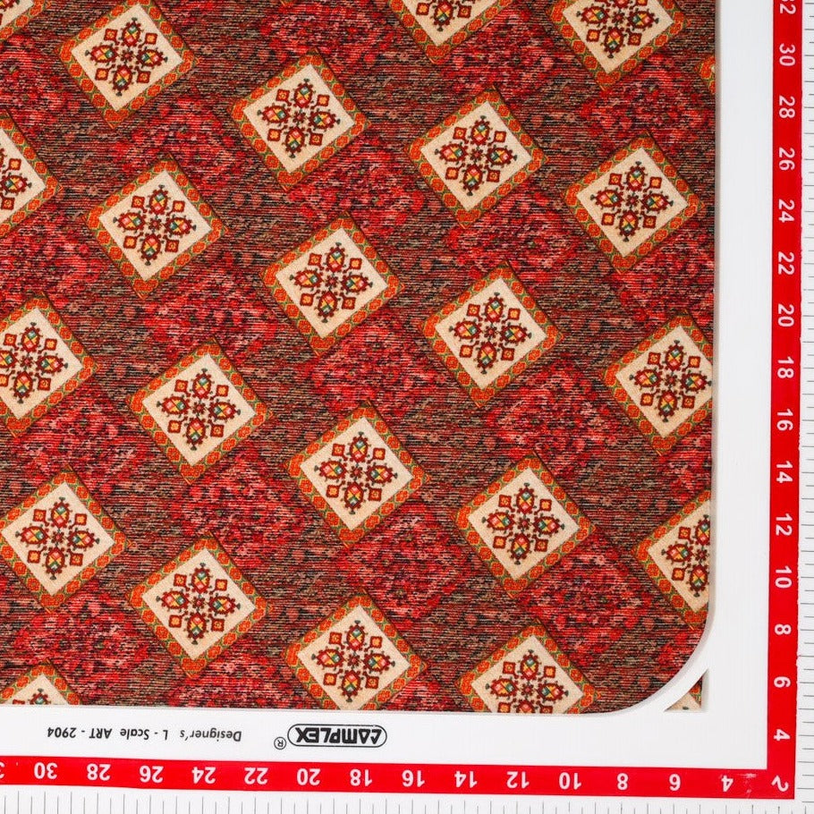 Brick Red Geometrical Traditional Print Rayon Fabric Trade UNO