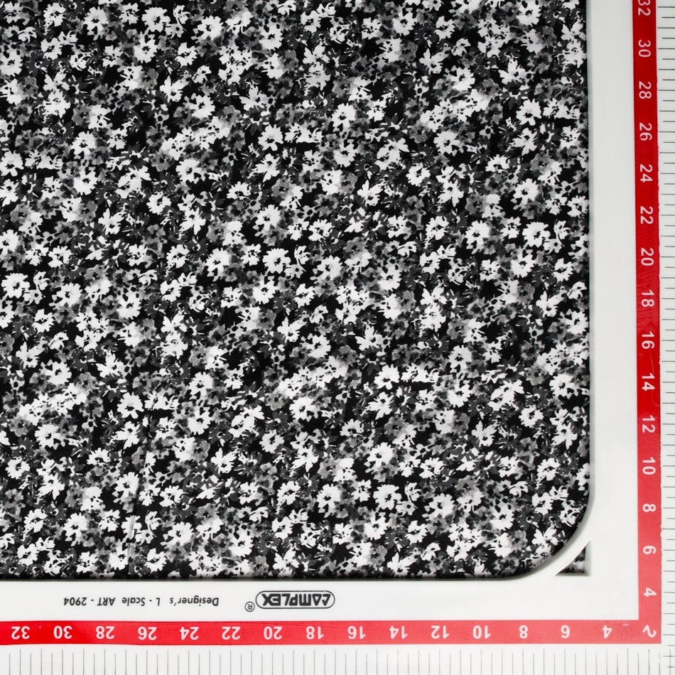 White & Black Floral Print Rayon Fabric Trade UNO