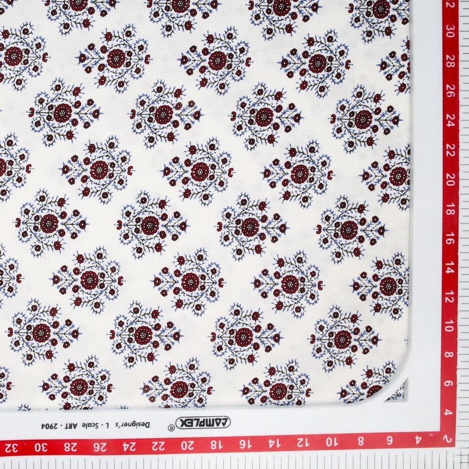 White With Maroon Traditional Motif Print Rayon Fabric Trade UNO