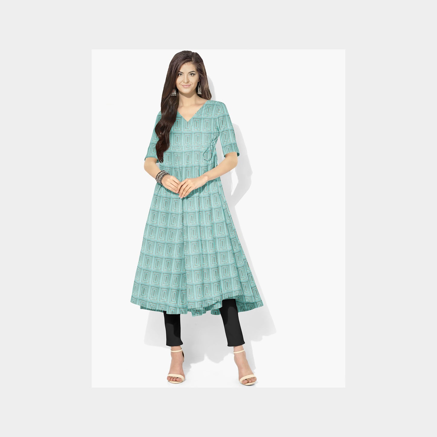 Sea Green Geometrical Pattern Embroidery Georgette Fabric Trade UNO