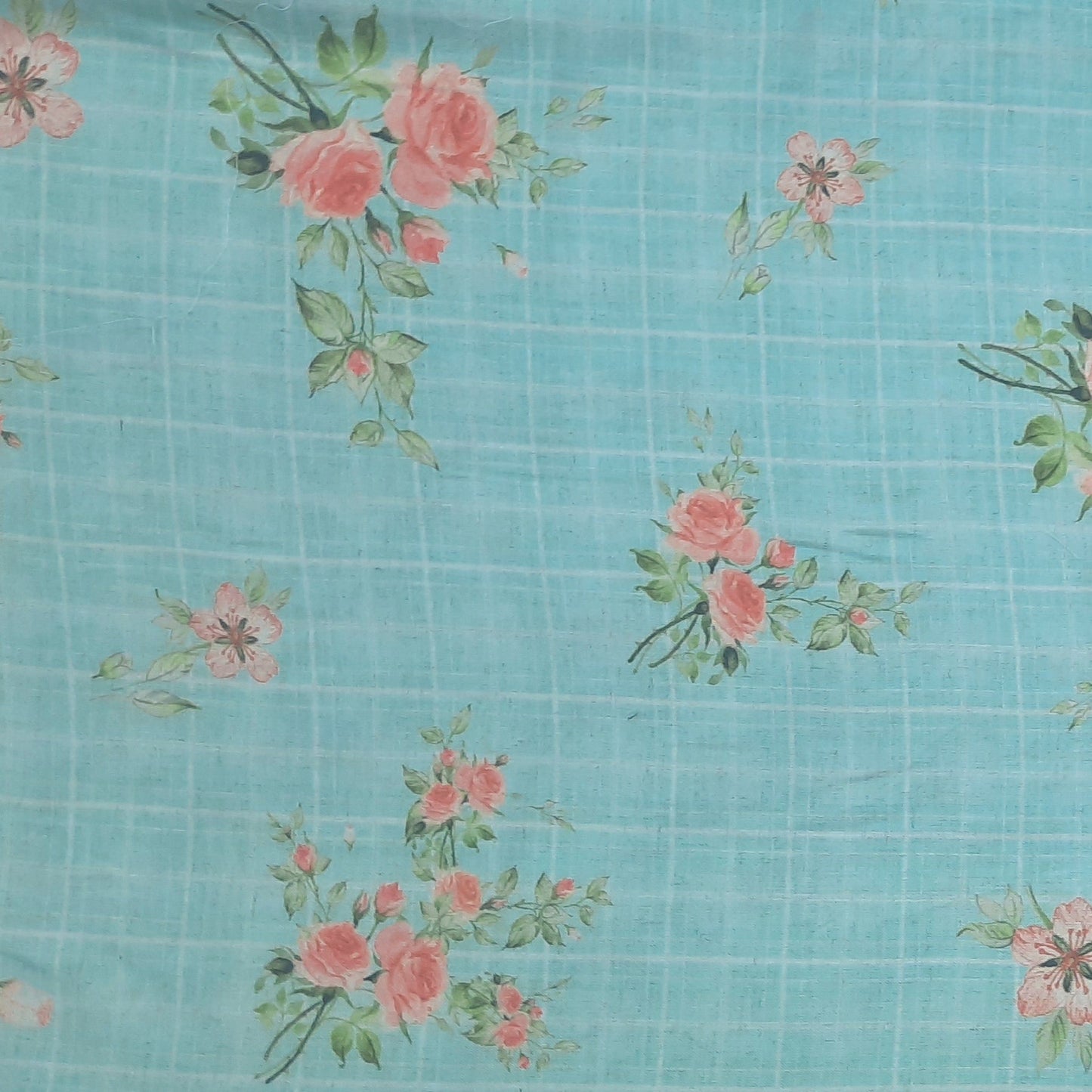 Sky Blue Floral Check Print Cotton Linen Fabric Trade UNO