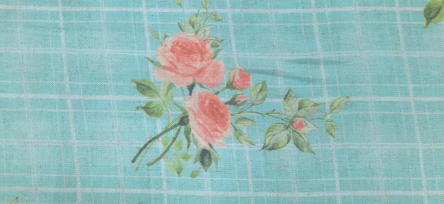 Sky Blue Floral Check Print Cotton Linen Fabric Trade UNO