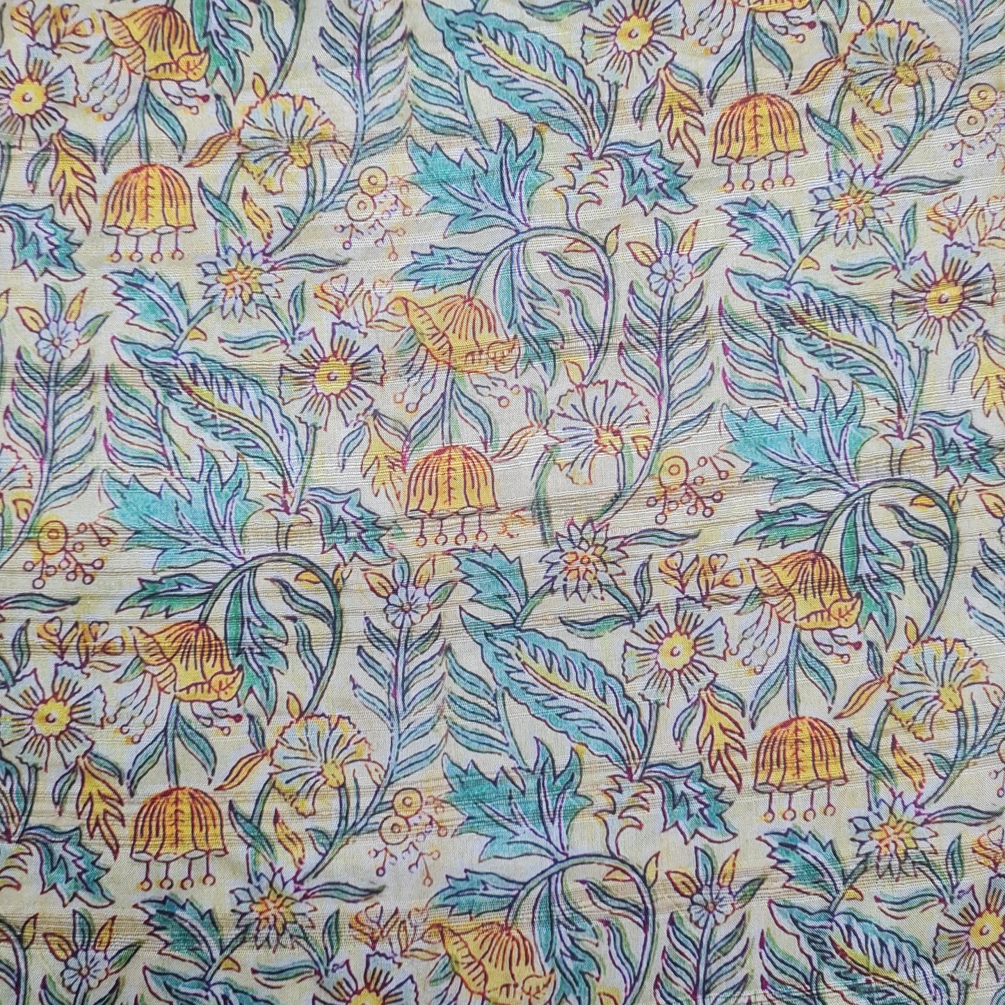 Cream With Yellow Floral Print Dobby Tusser Silk Fabric - TradeUNO