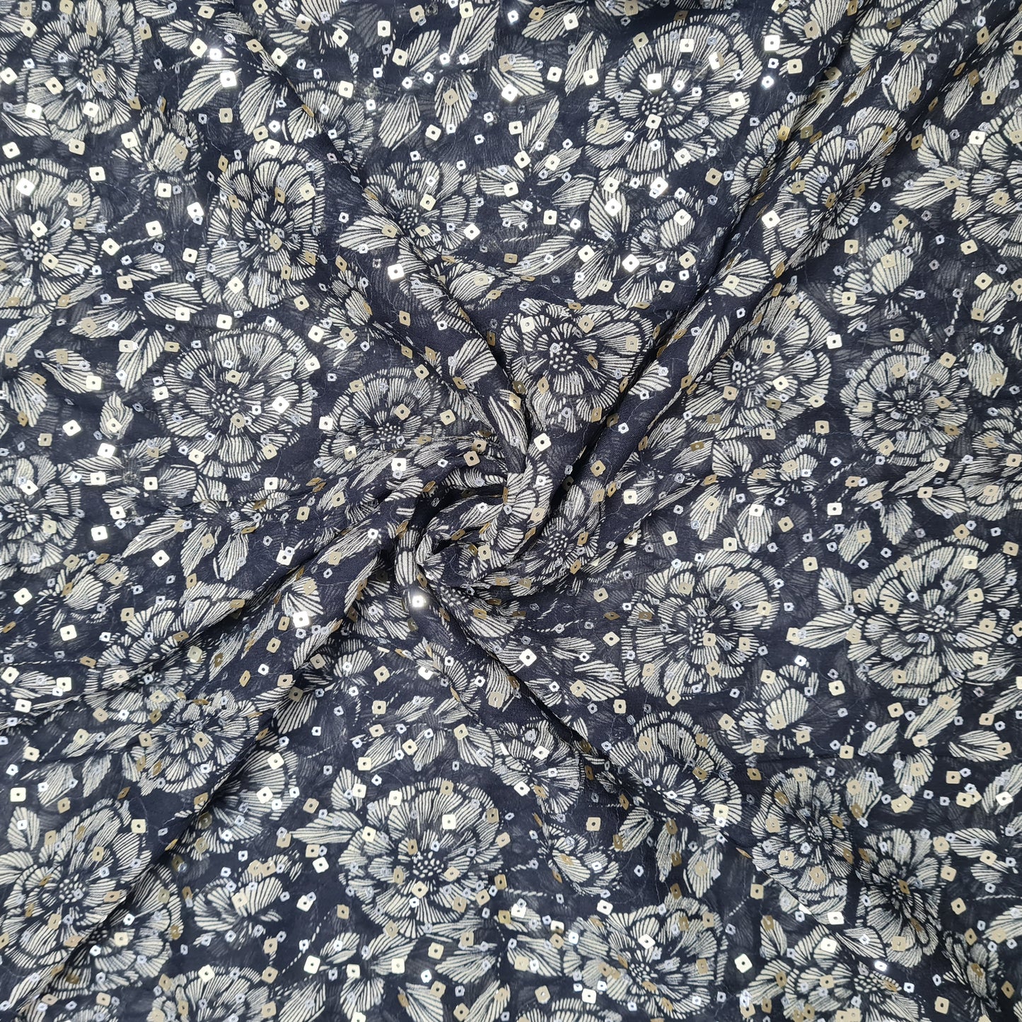 Black Floral Digital Print & Sequence Georgette Fabric - TradeUNO