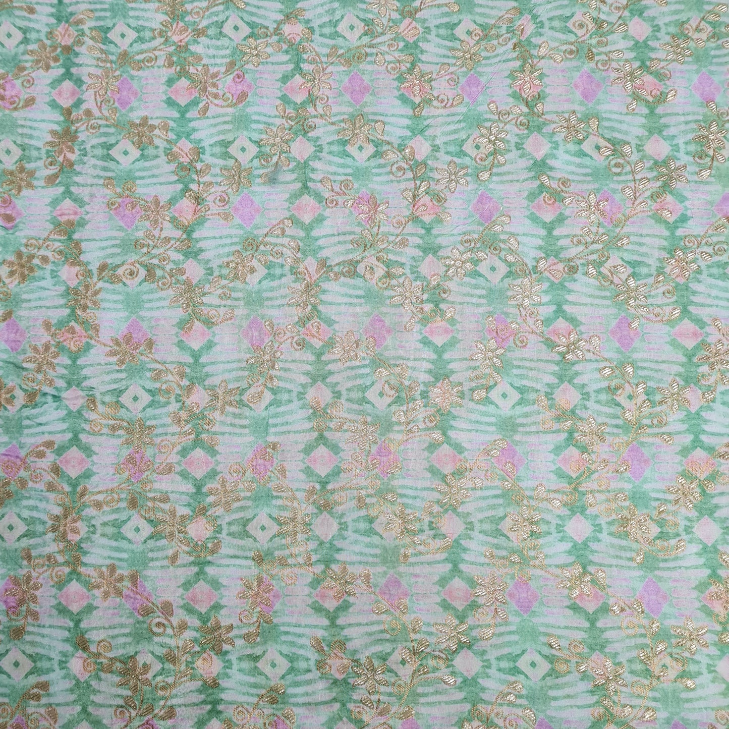 Green Geometrical Print Gold Zari Dola Silk Jacquard - TradeUNO