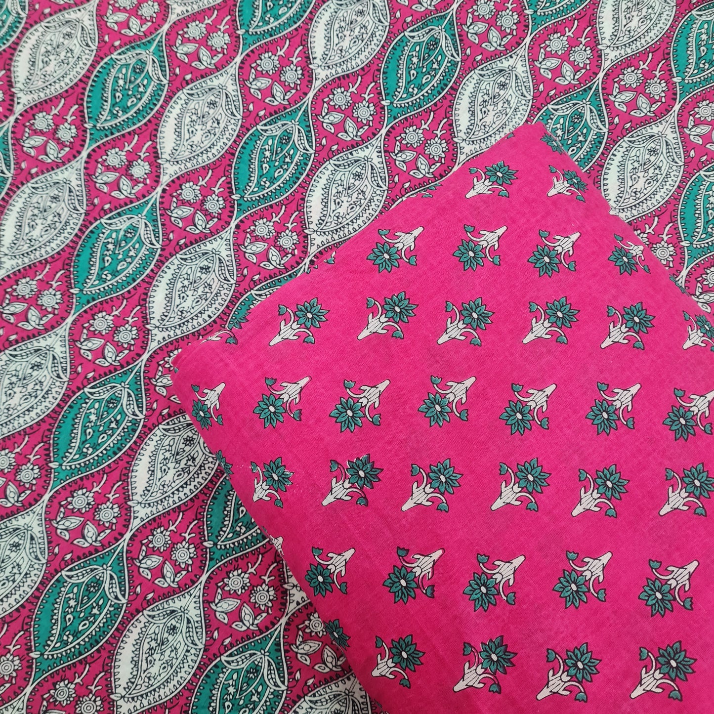 Blue Floral Print & Pink Traditional Print Cotton Suit Set - TradeUNO