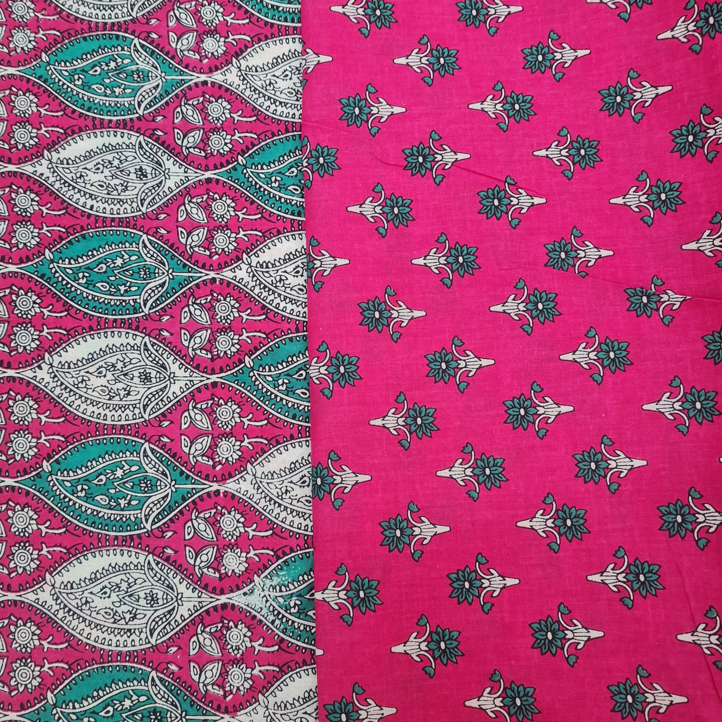 Blue Floral Print & Pink Traditional Print Cotton Suit Set - TradeUNO