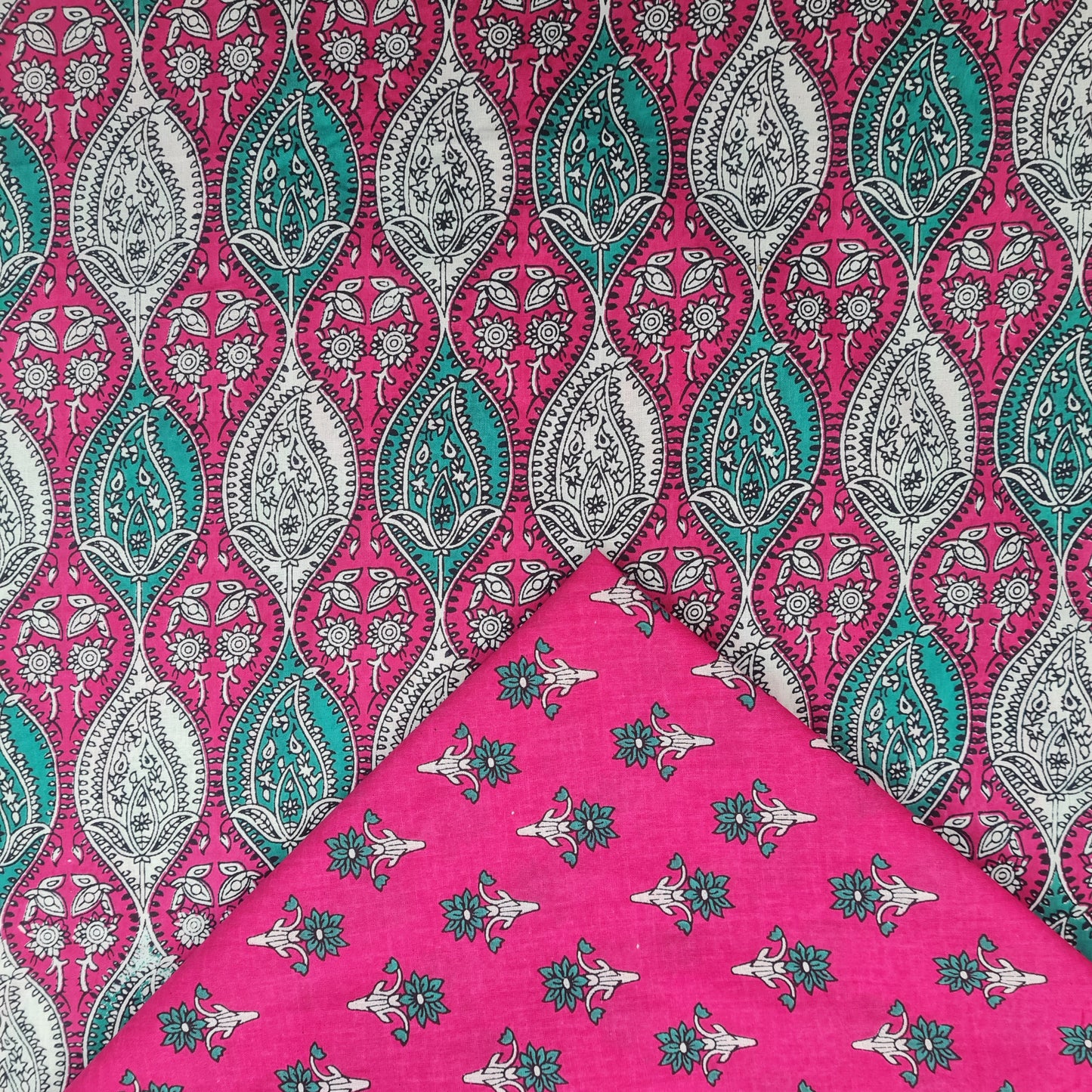 Blue Floral Print & Pink Traditional Print Cotton Suit Set - TradeUNO