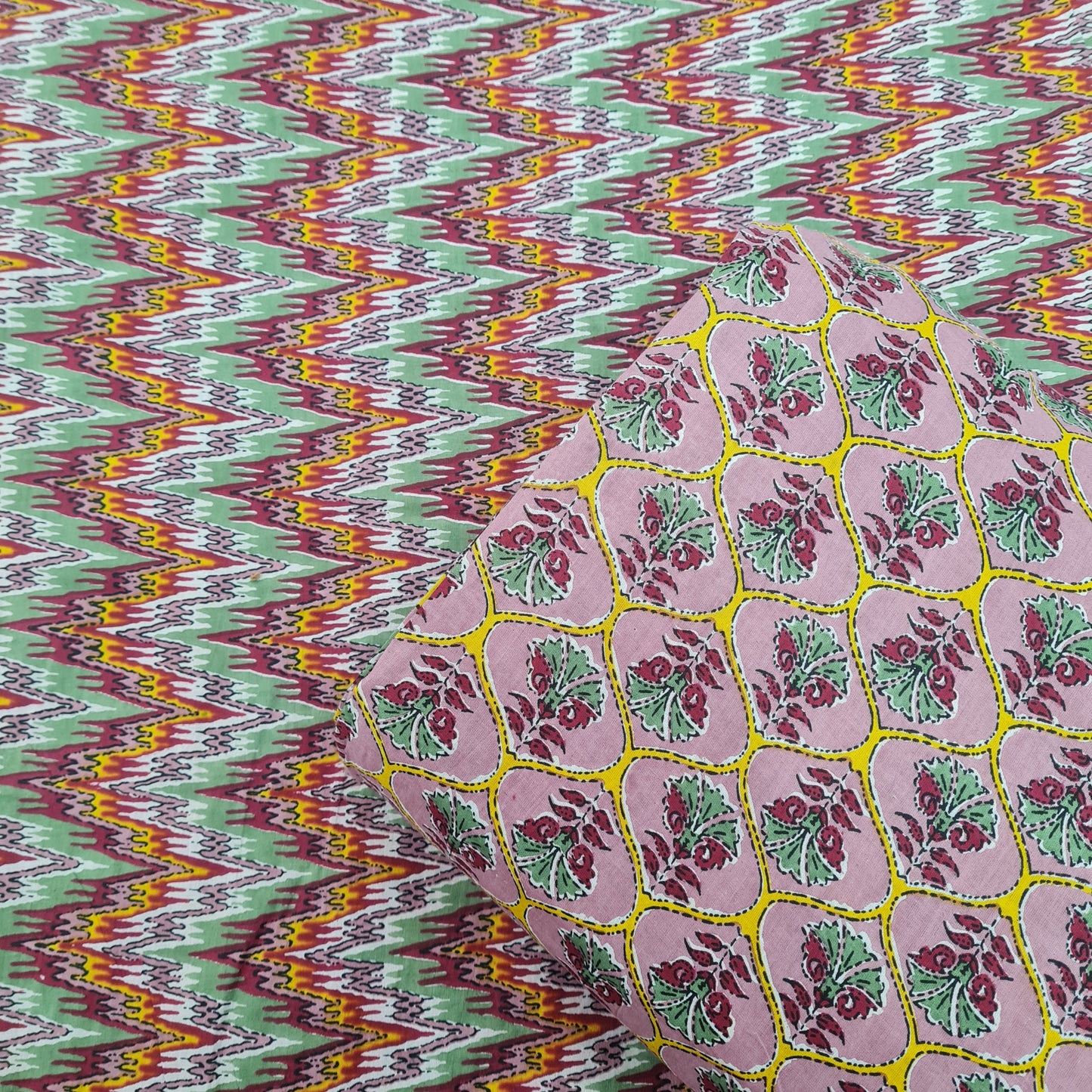 Peach Floral Print & Green With Multicolor Ikkat Print - TradeUNO