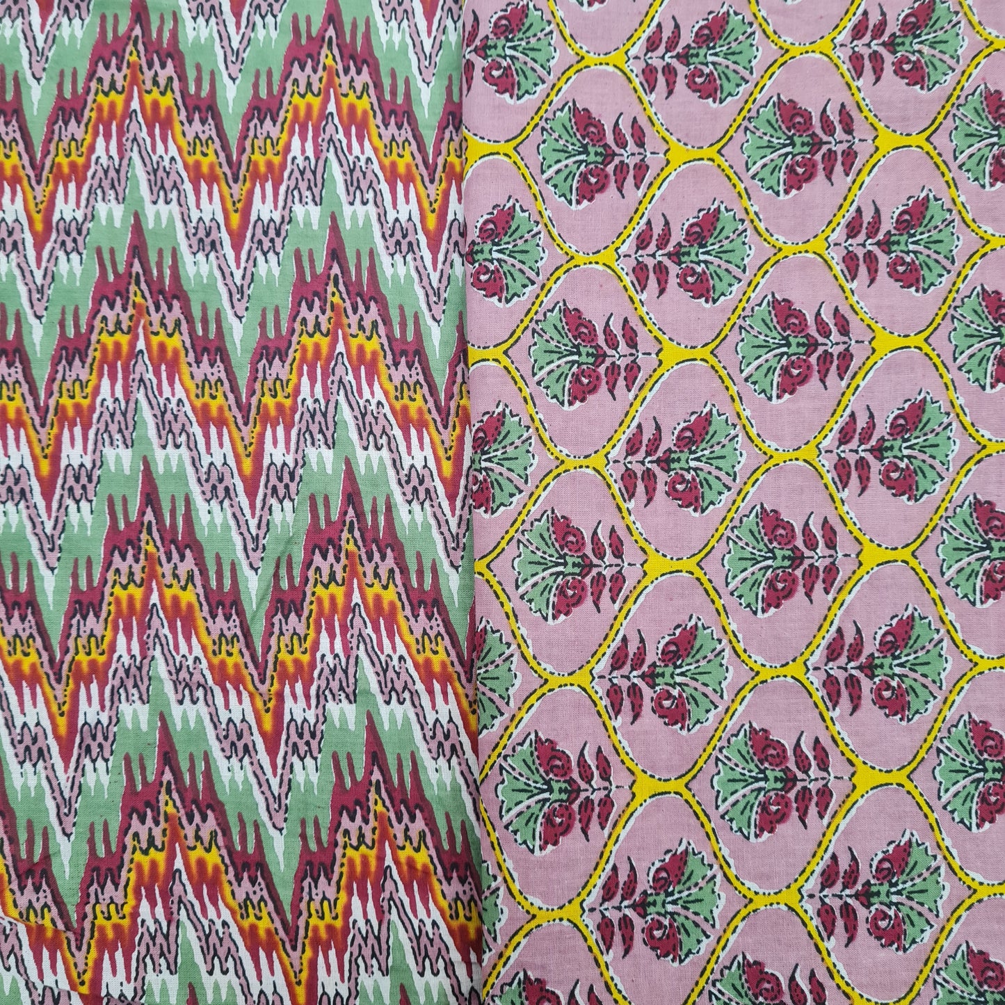 Peach Floral Print & Green With Multicolor Ikkat Print - TradeUNO