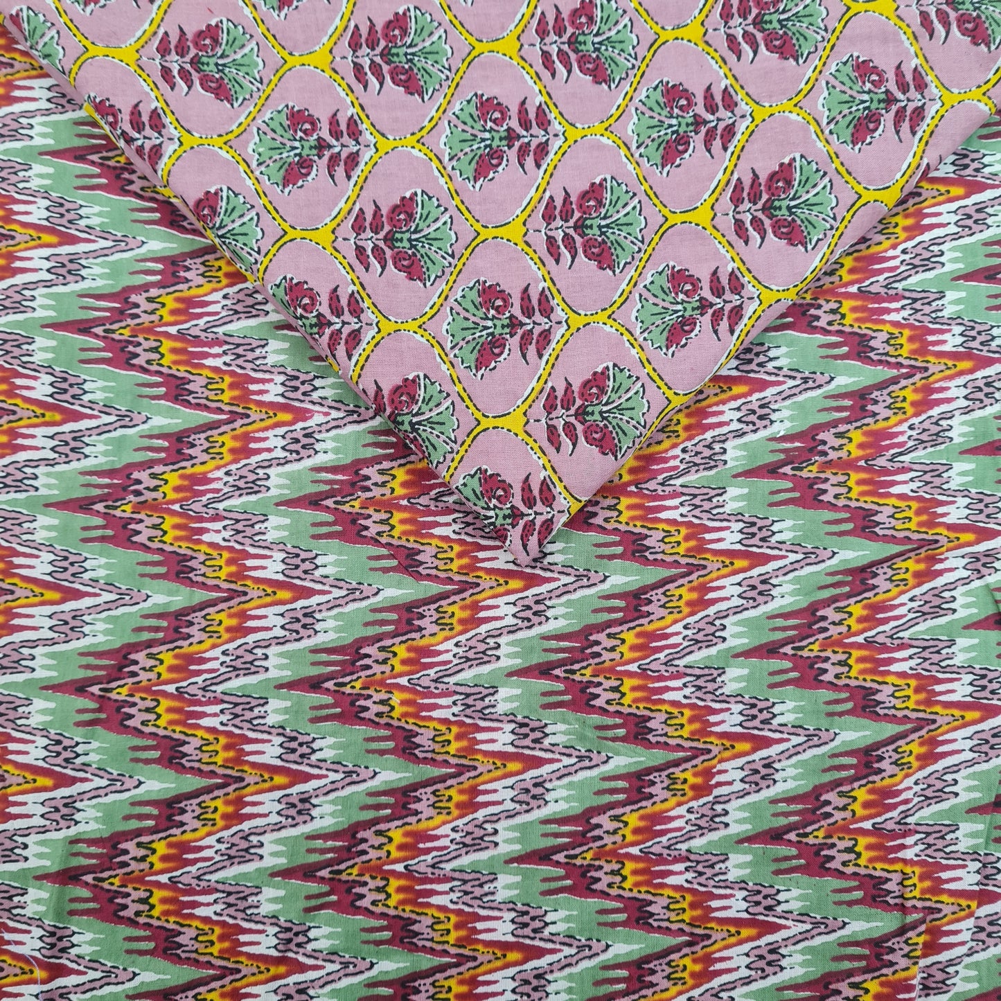 Peach Floral Print & Green With Multicolor Ikkat Print - TradeUNO