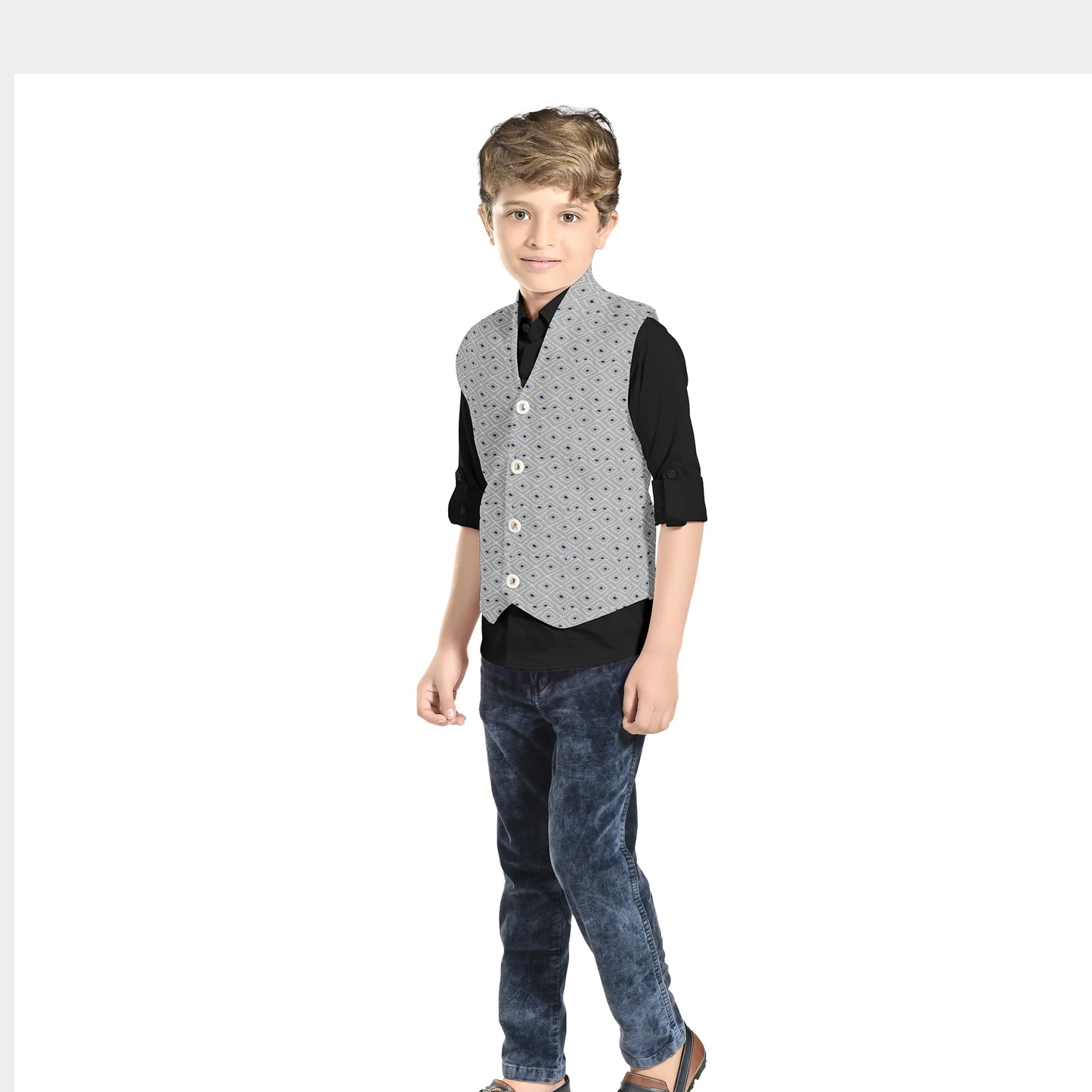 Grey Geometrical Print Spun Fabric Trade UNO