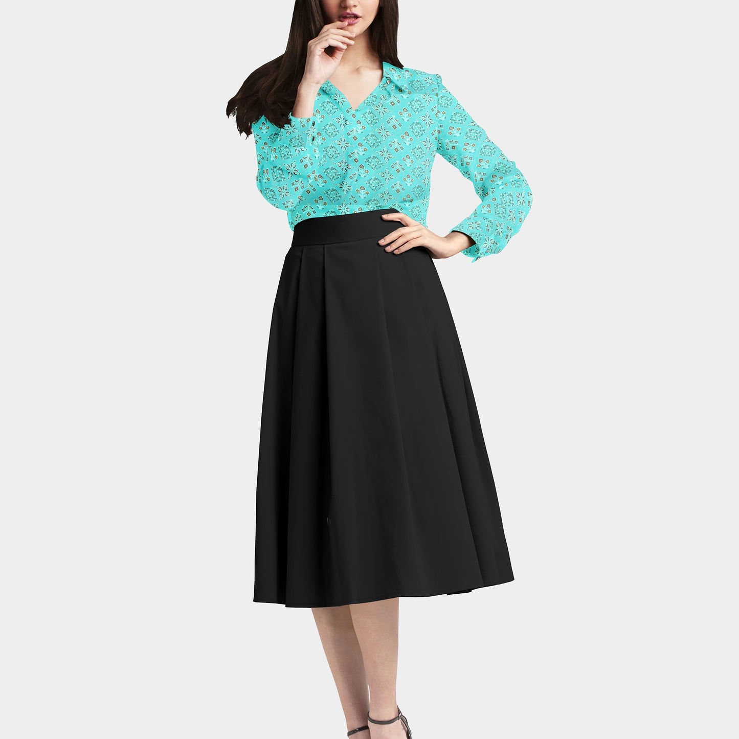 Aqua Blue Traditional With Foil Print Rayon Fabric Trade UNO