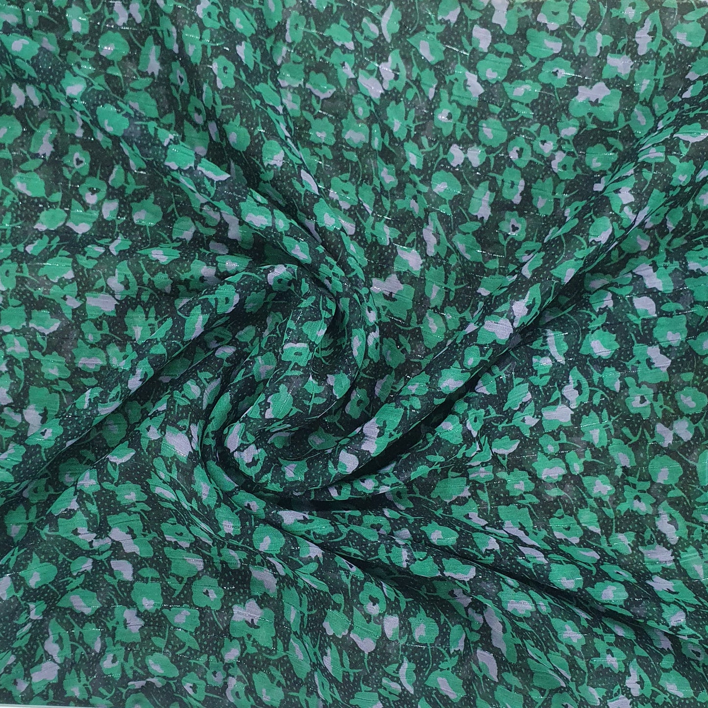 Black & Green Floral With Silver Lurex Chiffon Fabric Trade UNO