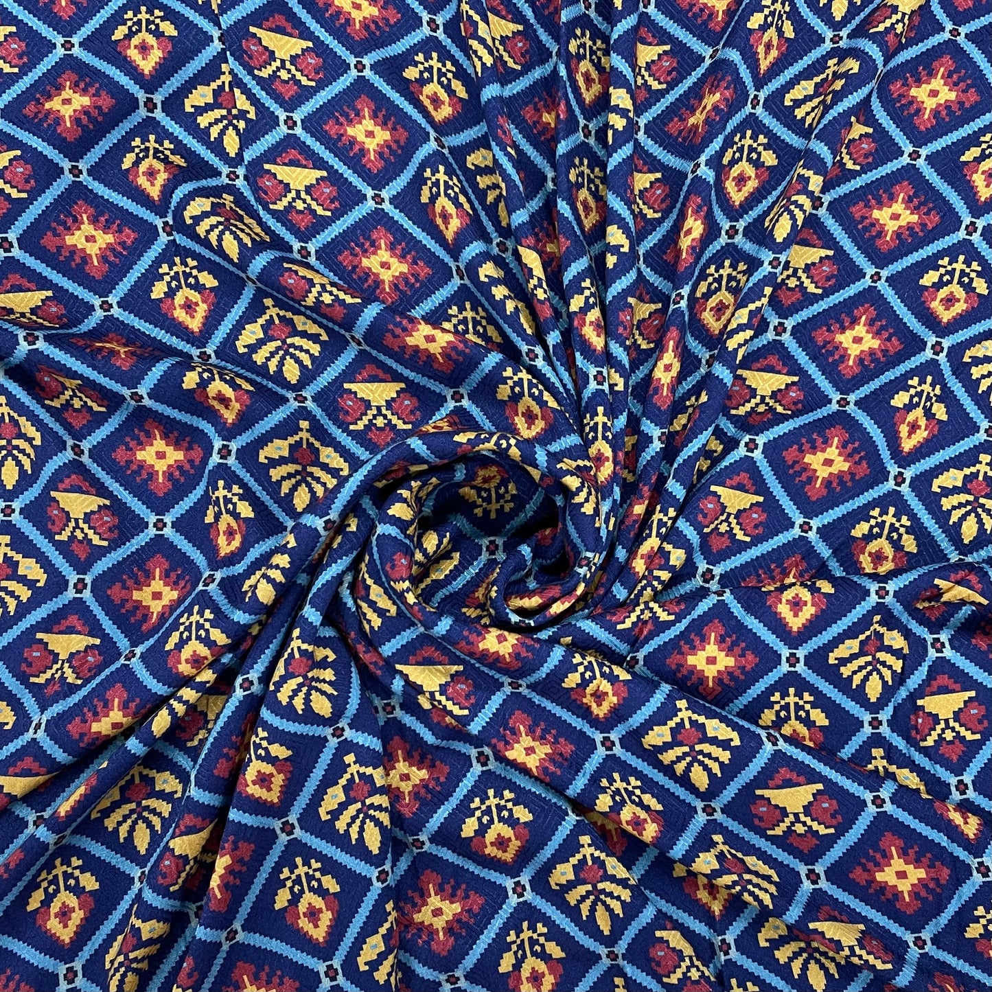 Navy Blue Ikat Print Viscose Dobby Fabric Trade UNO