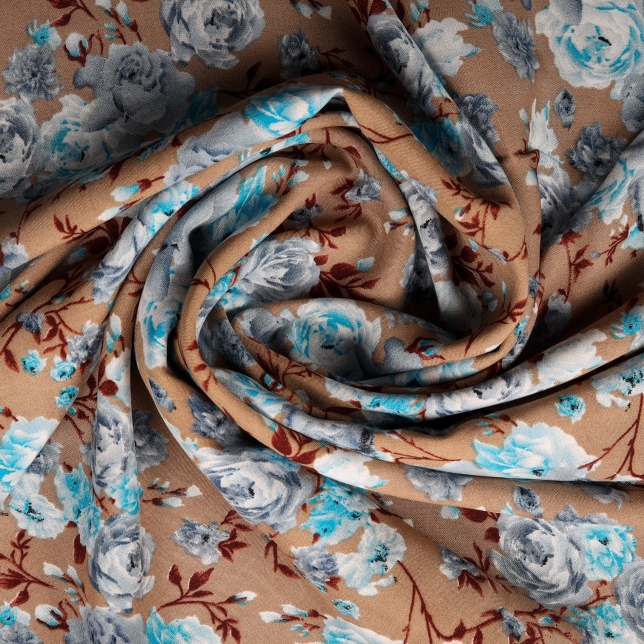 Brown & Skyblue Floral Print Rayon Fabric Online India