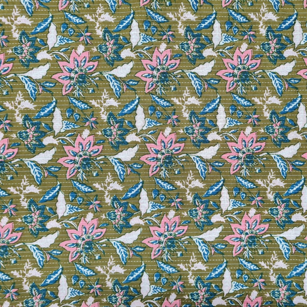 Green Floral Handblock Kantha Cotton Fabric Trade UNO