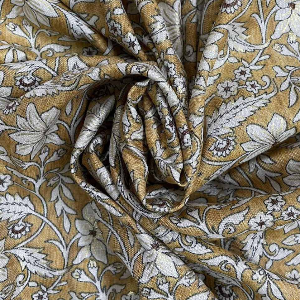 Yellow Floral With Foil Print Rayon Fabric - TradeUNO
