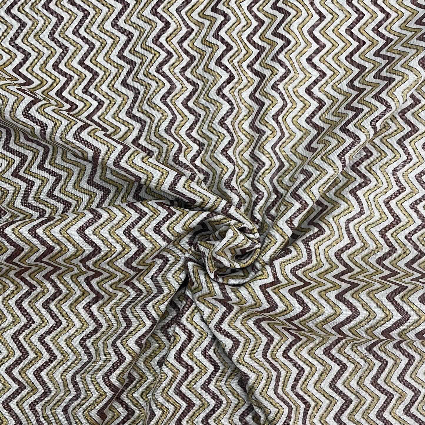 White With Yellow And Brown Chevron Print Rayon Fabric - TradeUNO