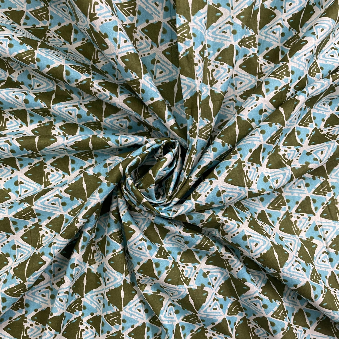 White With Green & Blue Handblock Print Cotton Fabric - TradeUNO