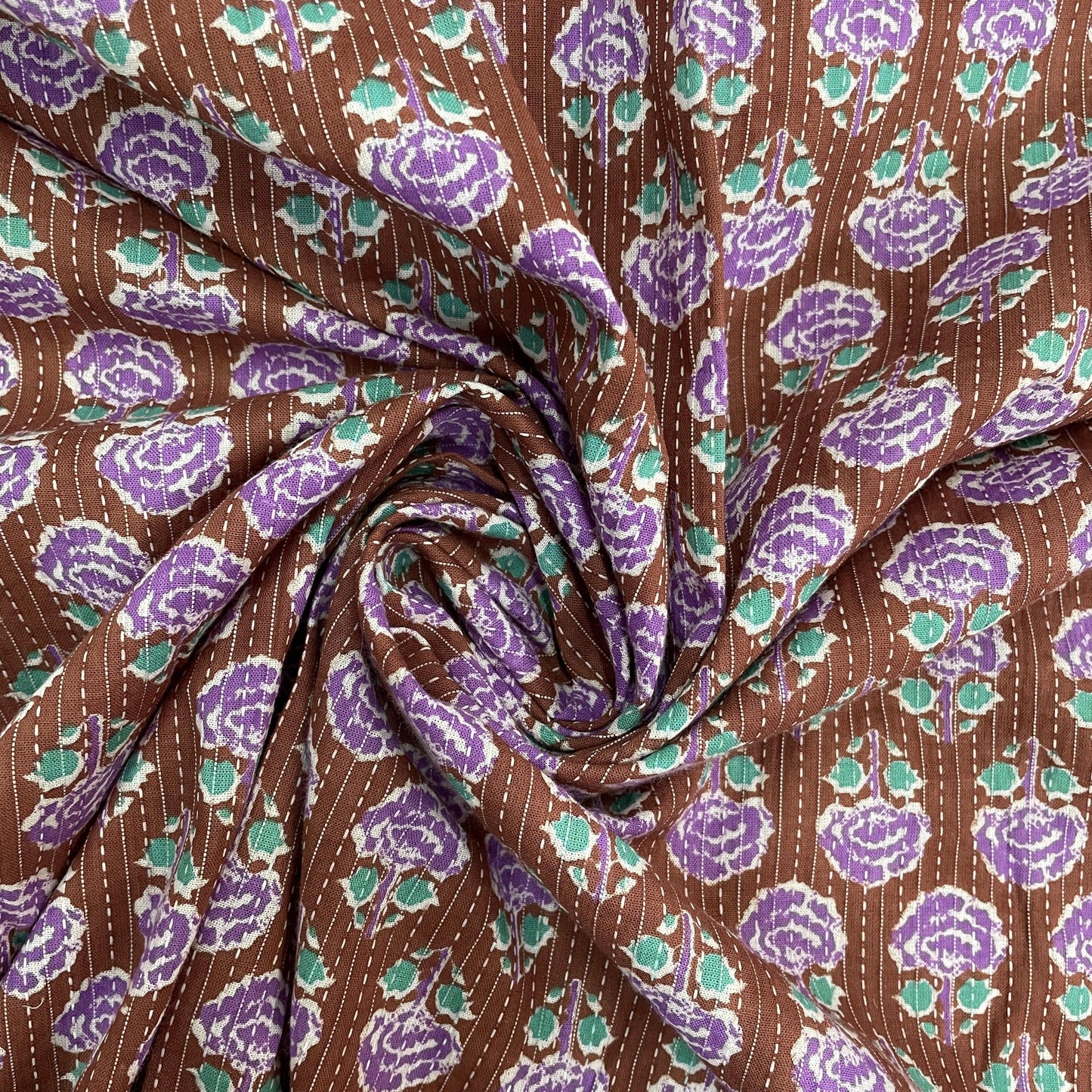 Brown & Purple Handblock Kantha Cotton Fabric - TradeUNO