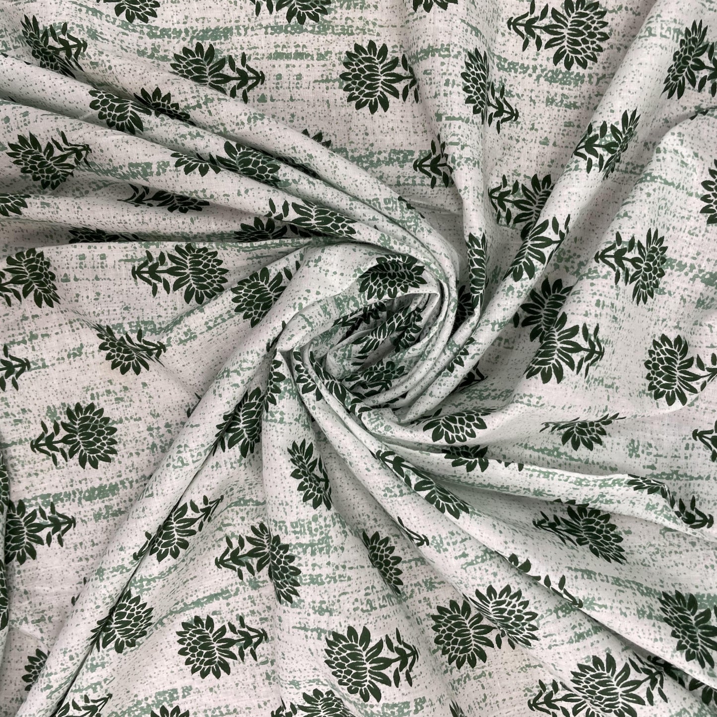 White With Green Floral Print Cotton Fabric - TradeUNO