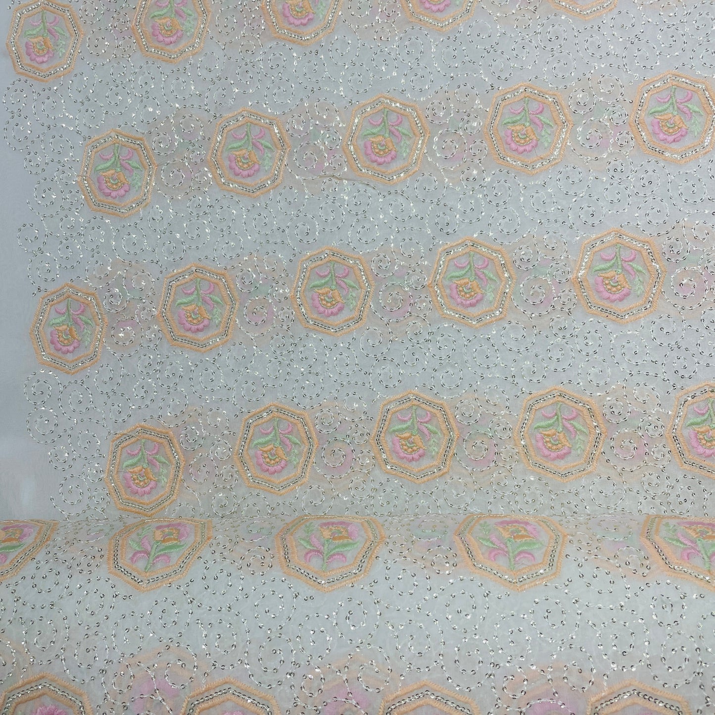 White With Pink Floral Sequence Thread Embroidery Dyeable Georgette Fabric - TradeUNO