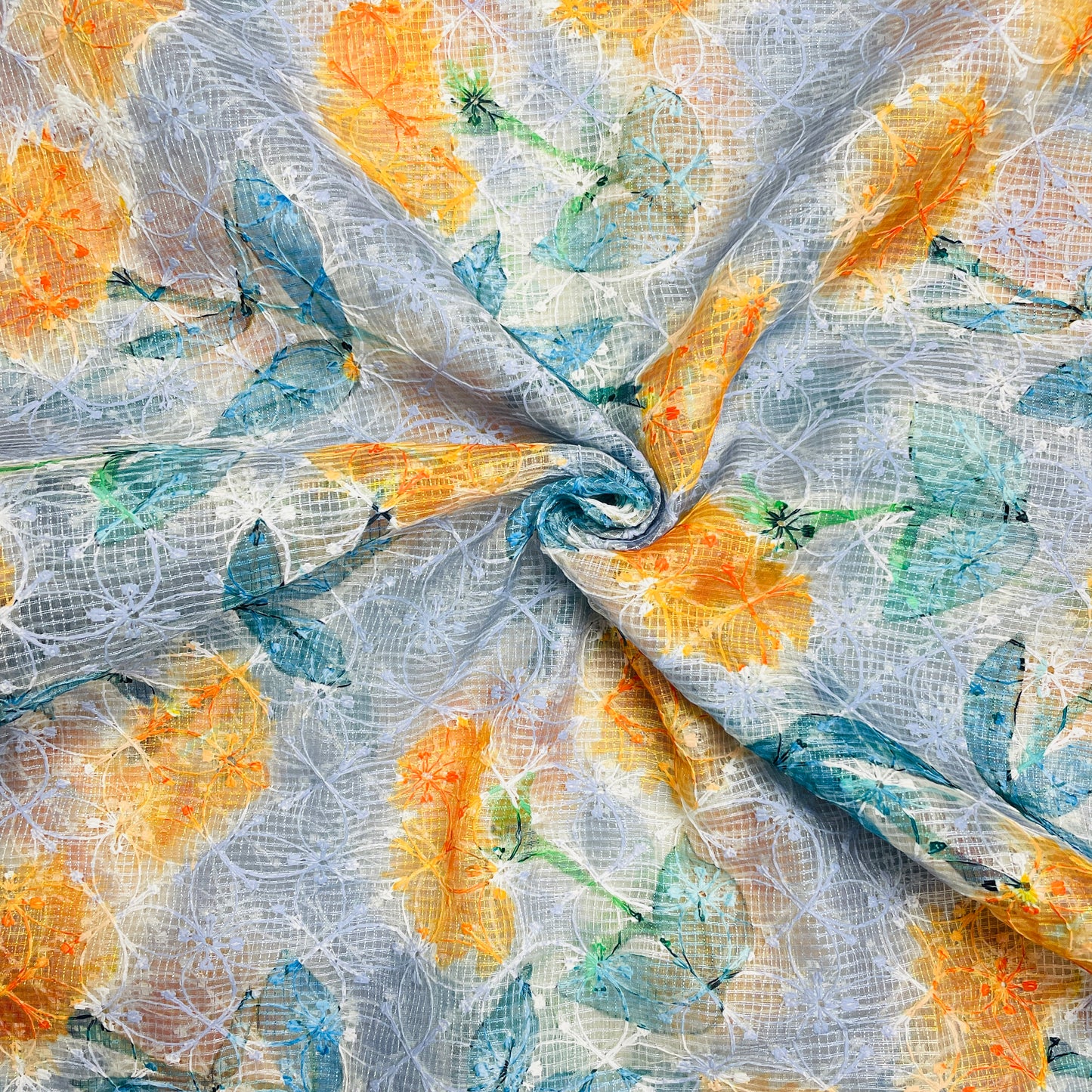 blue with orange floral thread embroidery kota cotton fabric
