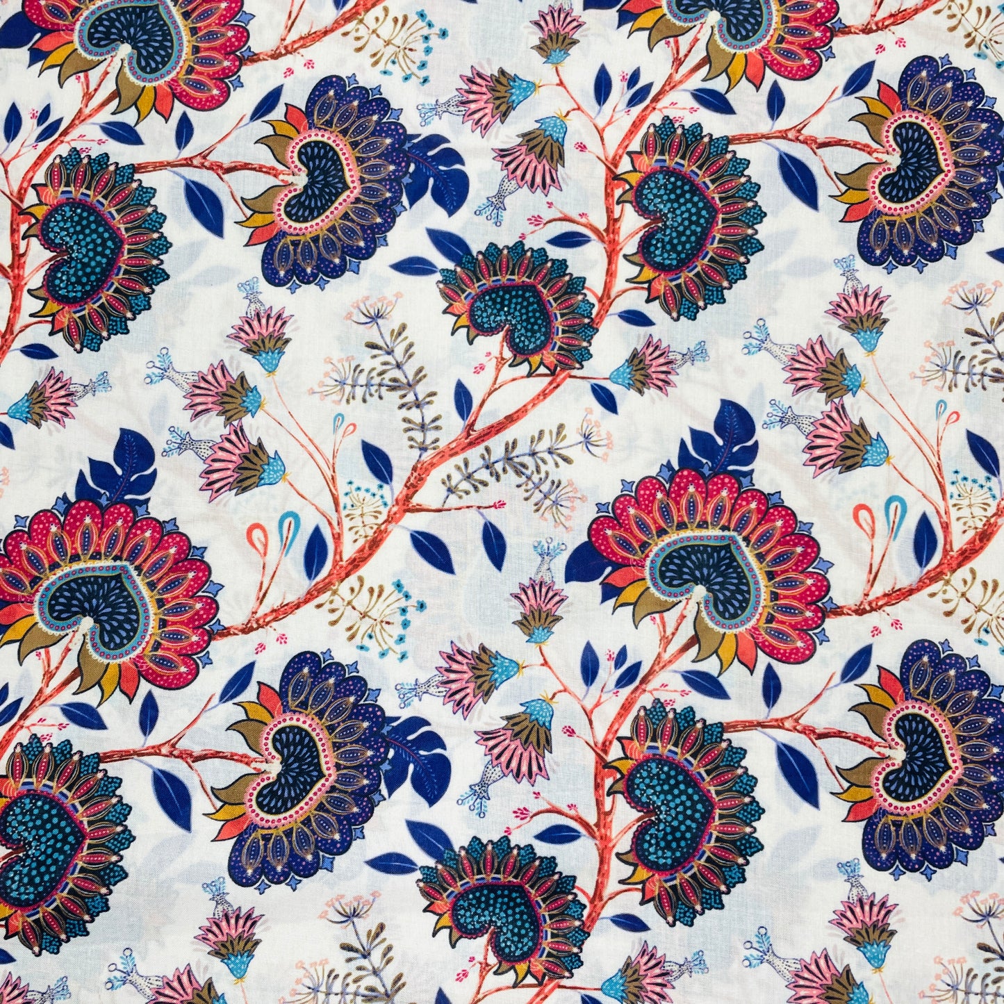 White With Multicolor Floral Print Muslin Fabric ,42 inches